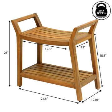 Orla 25.6" Modern Classic Slatted Solid Acacia Wood Indoor/Outdoor Shower Bench with Shelf and Handle